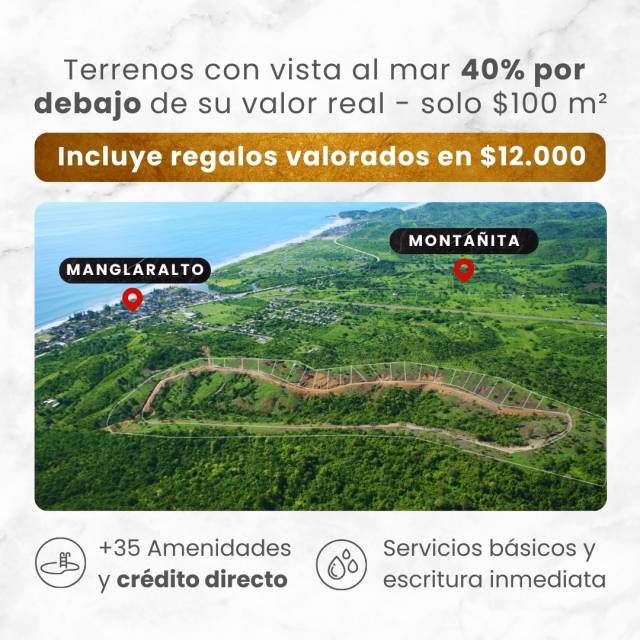 Se vende terrenos con vista al mar desde 500m2 a solo 5 minutos de Montañita con un 40% de descuento del precio de mercado, + 35 amenidades y regalos valorados en hasta $12,000